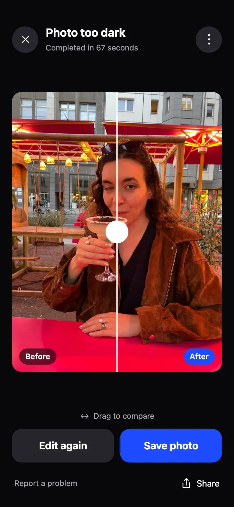 Result screen with before and after